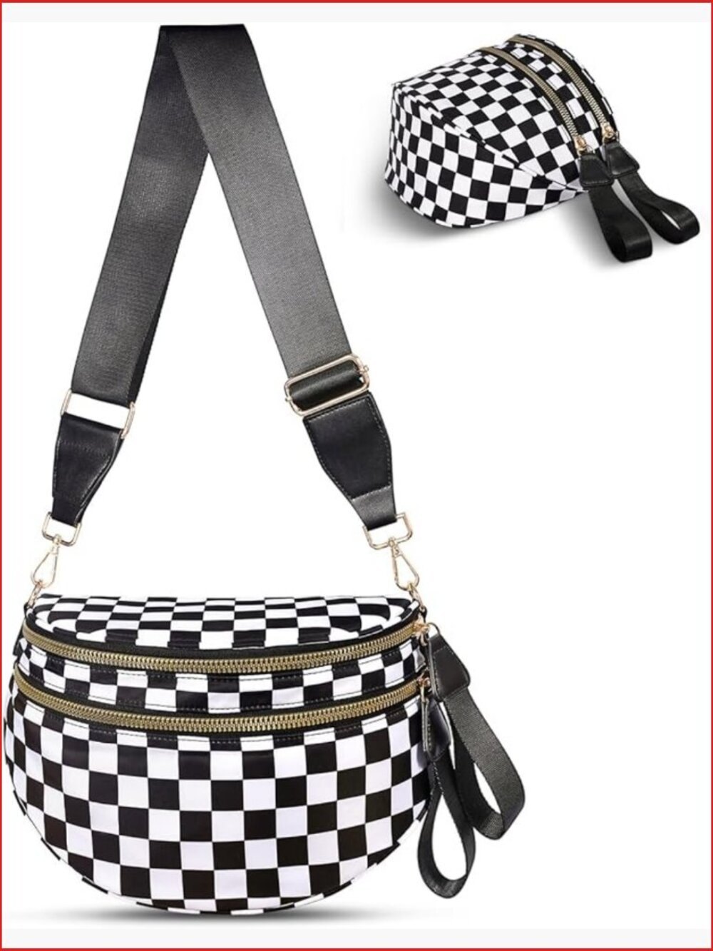 Checkered Nylon Crossbody Sling Bag with Adjustable Strap